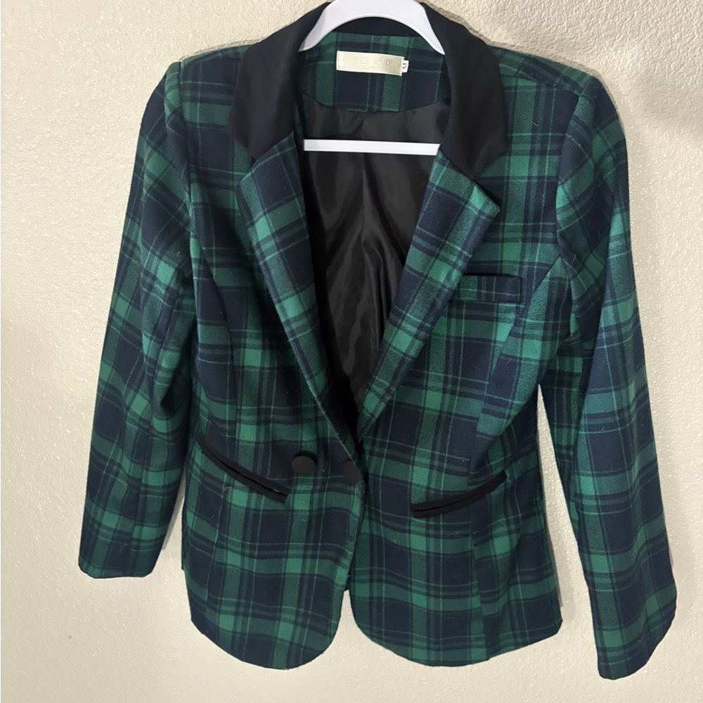 Green and Blue Plaid Women's Blazer Size Small